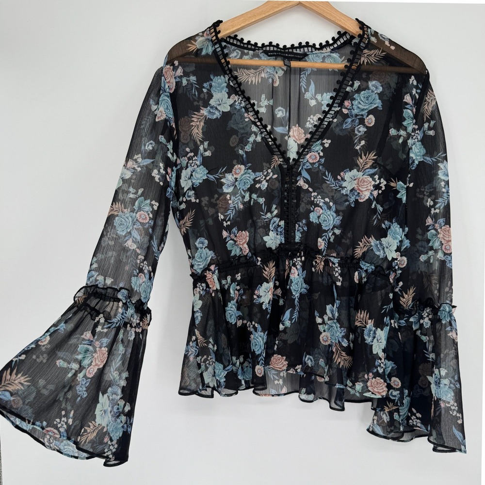 WHBM Sheer Chiffon Floral Blouse Sz S Peplum Bell Sleeve Boho Cottagecore Flowy